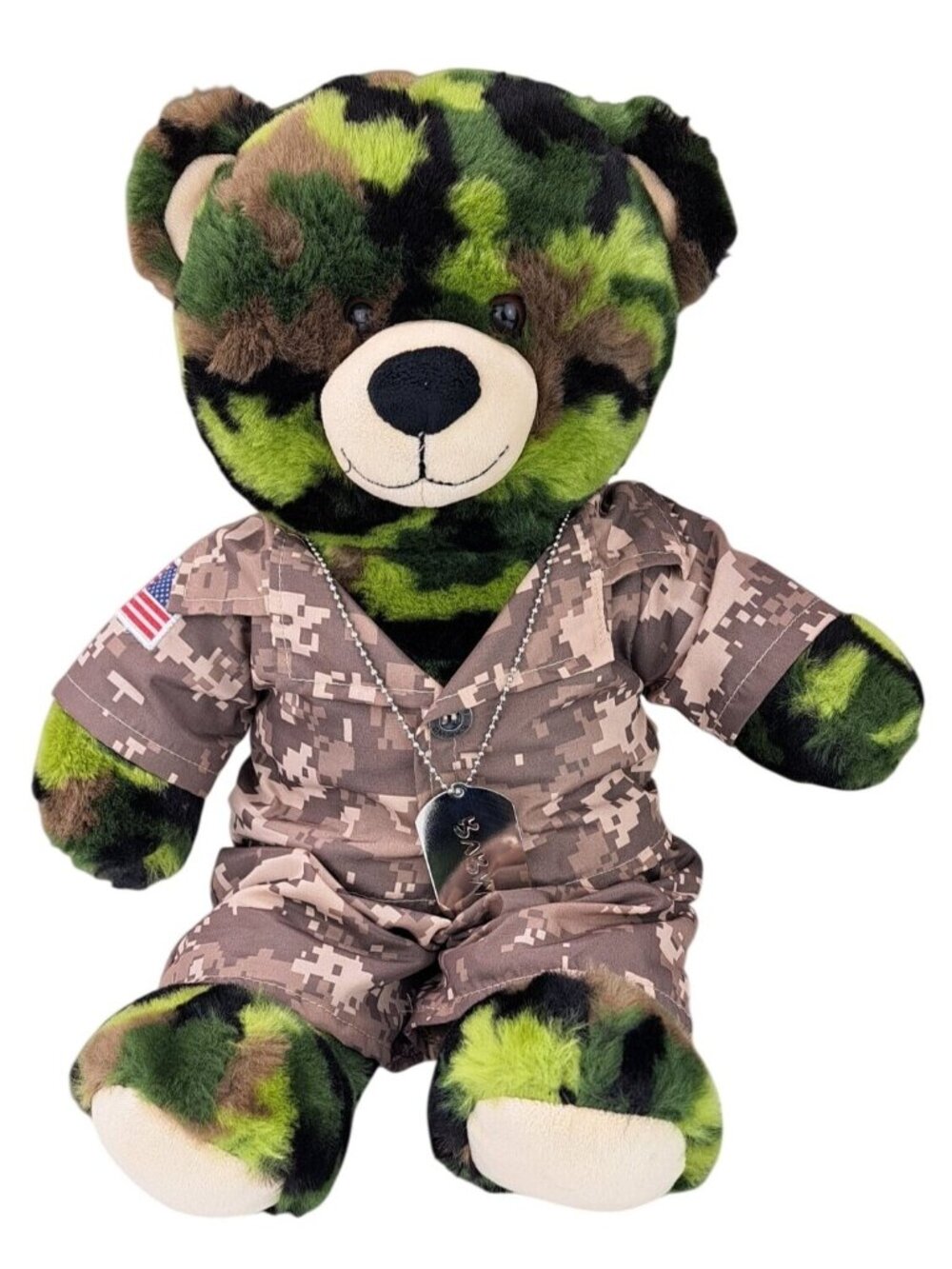 Build-A-Bear Camo Plush Teddy Bear 17" Digital Camo Pants Shirt Dog Tag Necklace
